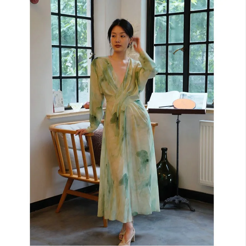 Women Genuine Silk V-Neck Long Dress Spring/Summer Female Ink Halo Dye Printed Long Sleeve Slim Dresses