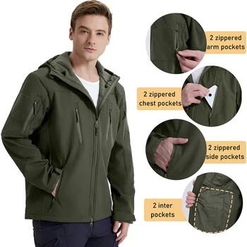 Men's Waterproof Softshell Tactical Jacket Winter Windproof Fleece Hoodie Jacket Outdoor Hiking Skiing Windbreaker Coat 4