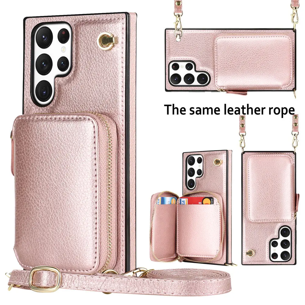 Funda de cuero tipo billetera con tarjetas para Samsung Galaxy S25 S24 S23 Ultra S22 S21 S20 Note 20 S24FE, funda con cordón y cremallera