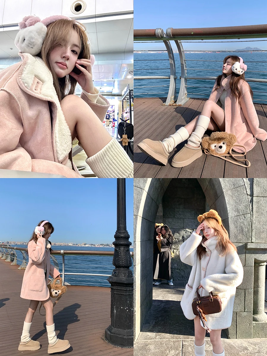 

Double-Sided Wear Lamb Fur Jaet Ay Snow Little Bear Skin And Fur Inteated Women's Coat Stand Fit Long Sve Middle-...
