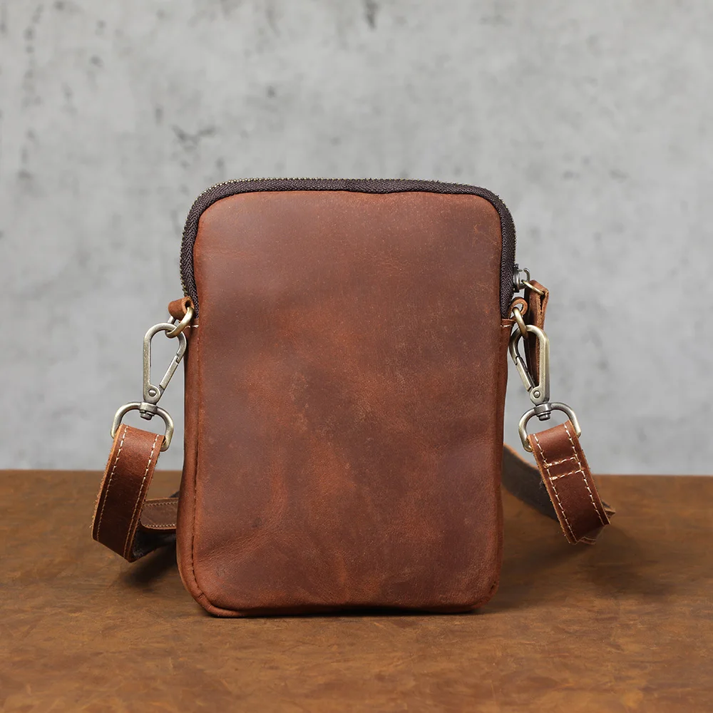 S.WORKER Vintage Echtleder-Umhängetaschen Crazy Horse Handgefertigte Mini-Tasche für Telefon, Karten und Schlüssel – Detail 8
