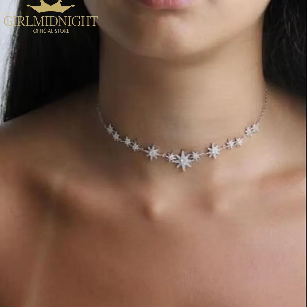 Summer New Fashion Iced Out Bling Cz Star Starburst Charm Nchoker Necklaces For Women Delicate Charm Statement Jewelry Wholesale
