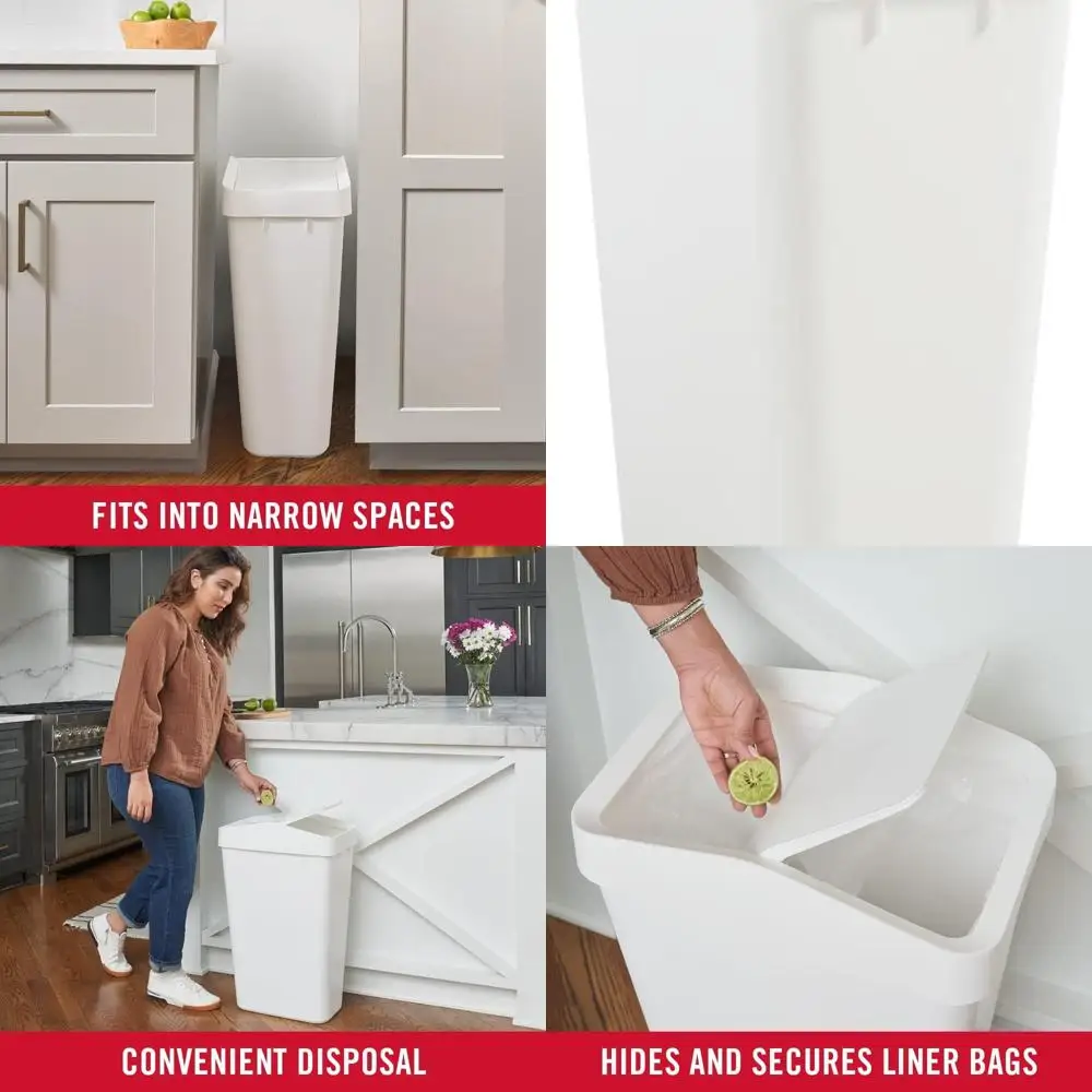 

Modern Slimline Trash Bin with Swing Lid, 12.2 Gallon, White for Home Kitchen Use