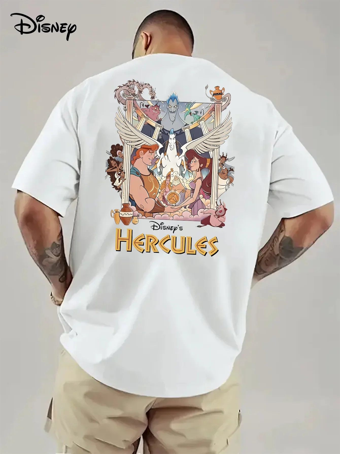 ديزني الكرتون هرقل تي شيرت مطبوع 2026 صيف جديد الشارع الأمريكي الهيب هوب عادية كم قصير Y2K للرجال والنساء