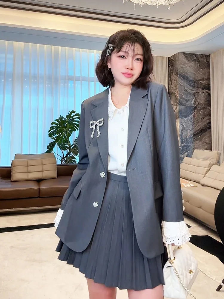 

Lao Yang's Personal MM Knot Suit Woolen ey Suit Jaet MEHOMEYANG Commute Sle Loose Fit Long Sve Button up