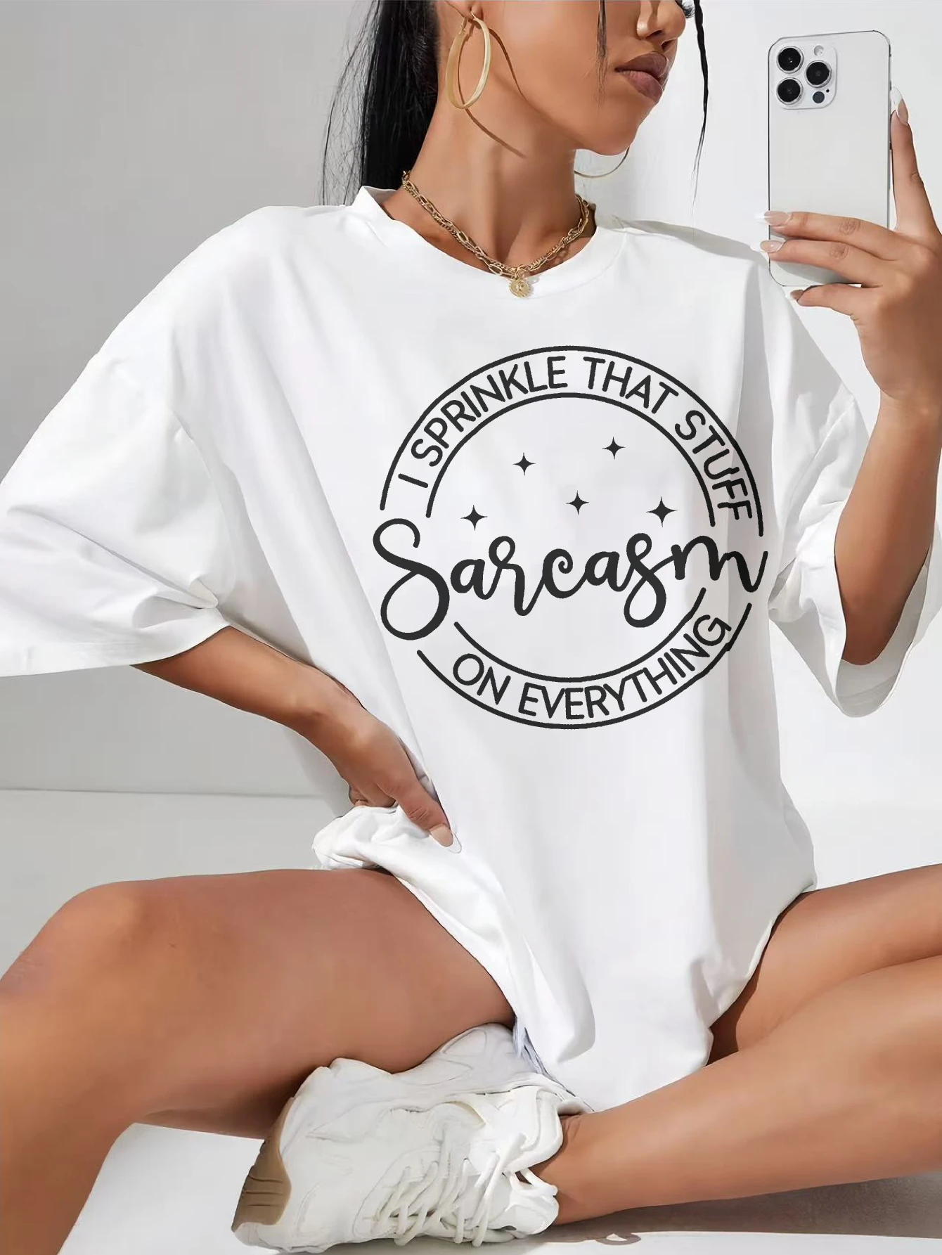 

I Sprinkle That Stuff On Everything White Loose Fit Women's T-Shirt Trendy Round Neck Perfect for Post-Pregnancy Summer Style