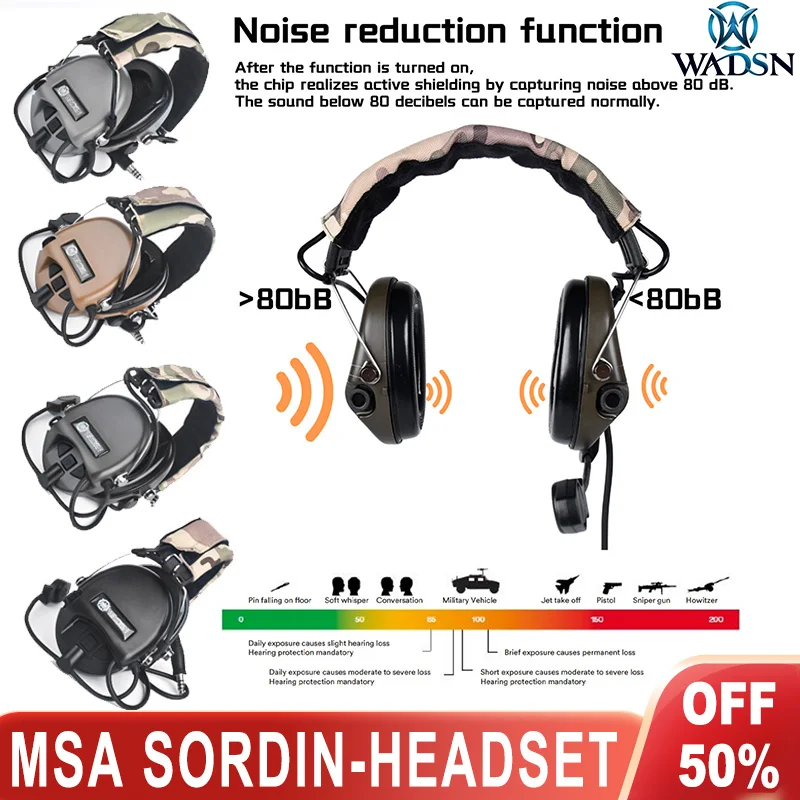 

WADSN MSA Tactical Headset Sordin Headphones Active Pickup Noise Canceling Airsoft Outdoor Hunting Shoot Communication Headset