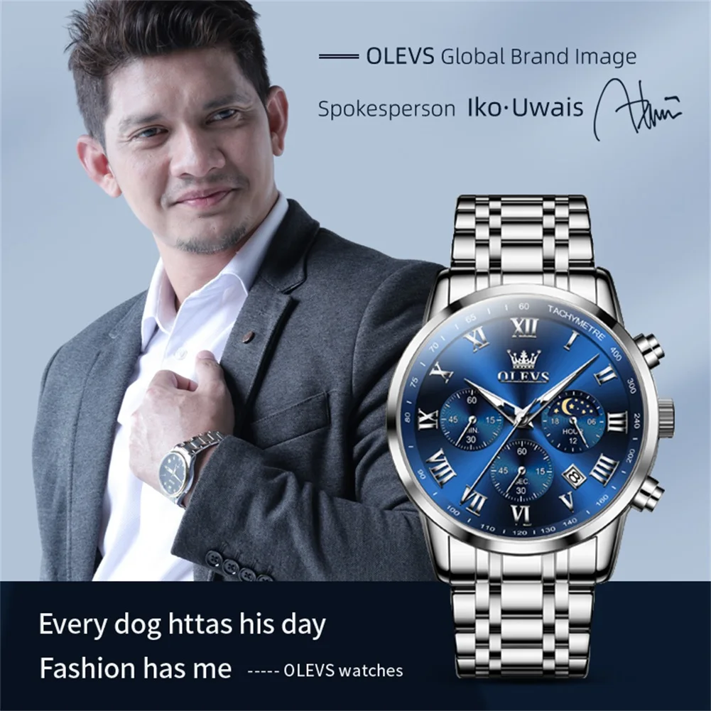 OLEVS Top Luxury Brand Men\'s Watches Luminous Moon Phase Stainless Steel Chronograp Calendar Quartz Watch Original Wristwatch