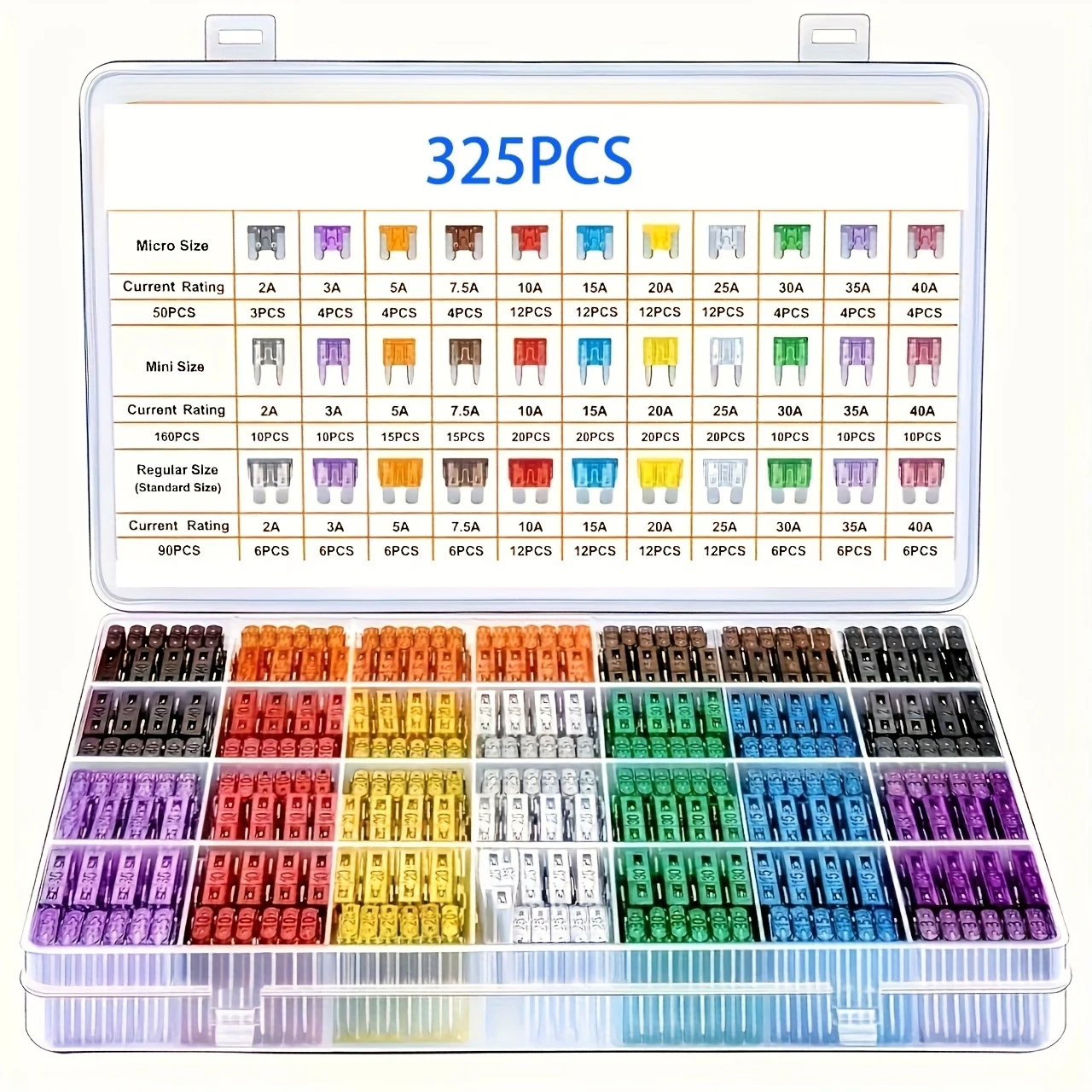 Kit de Fusíveis Automotivos Padrão com 325 Peças, 60 Fusíveis Mini Blade + 60 Fusíveis Automotivos Padrão + 60 Micro Fusíveis