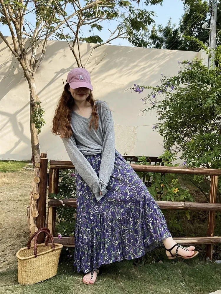 Fashion Vintage Floral Skirt for Women 2025 Summer New High Waist A-line Skirts Y2k E-Girl Mid-length Loose Faldas Mujer