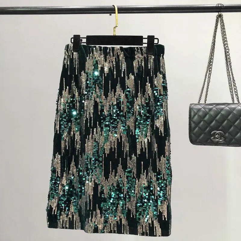 Spring new women's sequined skirt high waist thin medium and long knee skirt sparkling bead elastic waist skirt