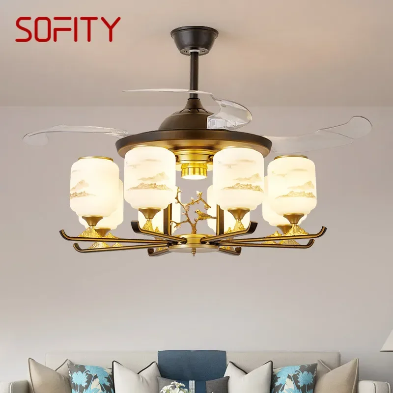 

SOFITY Modern Stealth Fan Light Luxury Living Room Restaurant Bedroom Ceiling Fan Light Remote LED Electric Fan Light