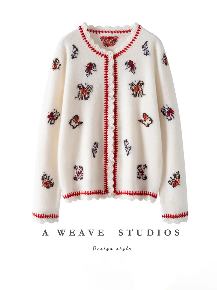 

Новый женский свитер из 100% кашемира с круглым вырезом, кардиган ручной работы с бабочкой, трикотаж, осенне-зимняя элегантная одежда в стиле ретро, топы