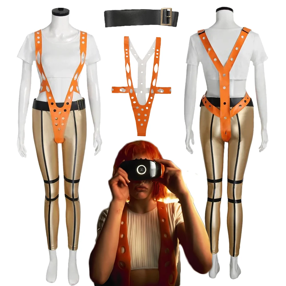 

Movie The Fifth Element Leeloo Cosplay Costume Suit White T-shirt Pants Belt Outfits For Adult Women Halloween Carnival Party