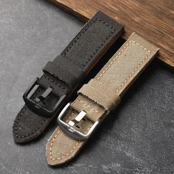 Handmade Canvas + Genuine Leather Bracelet 20MM 22MM 24MM Khaki Black Cowhide Leather Strap Thick and Durable Men's Bracelet