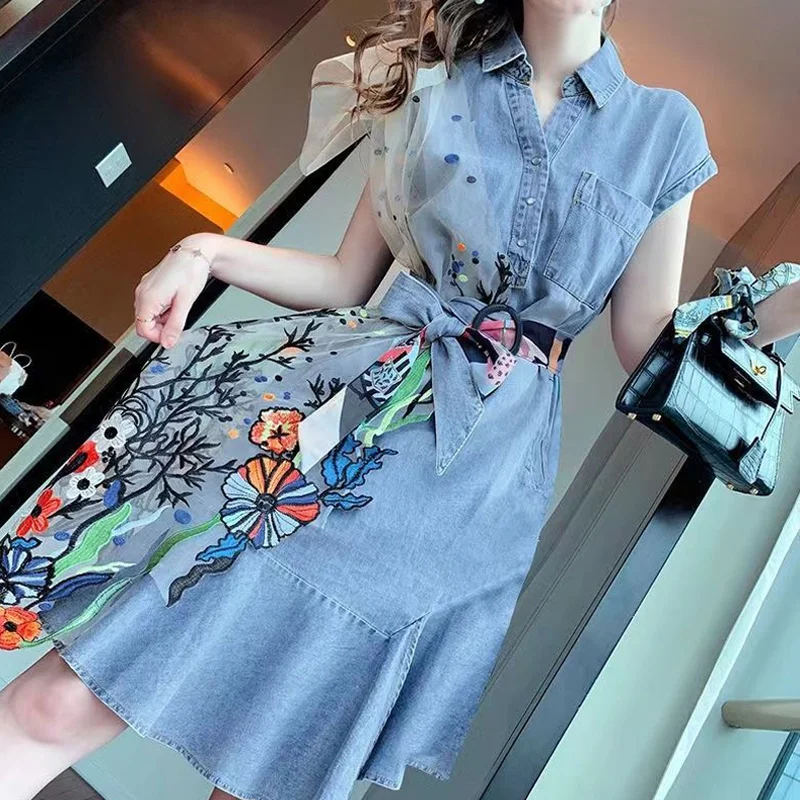 Summer New Turn-down Collar Fashion Short Sleeve Midi Dress Women High Street Cowboy Cotton Embroidered Lace Patchwork Dresses