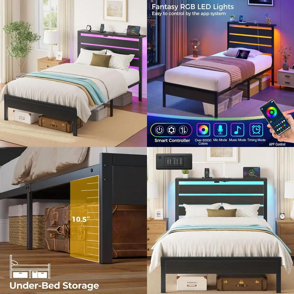 

Двуспальная кровать с USB-портами, LED-подсветкой, деревянным хранилищем для вещей, металлическим каркасом, без пружинного блока, бесшумная