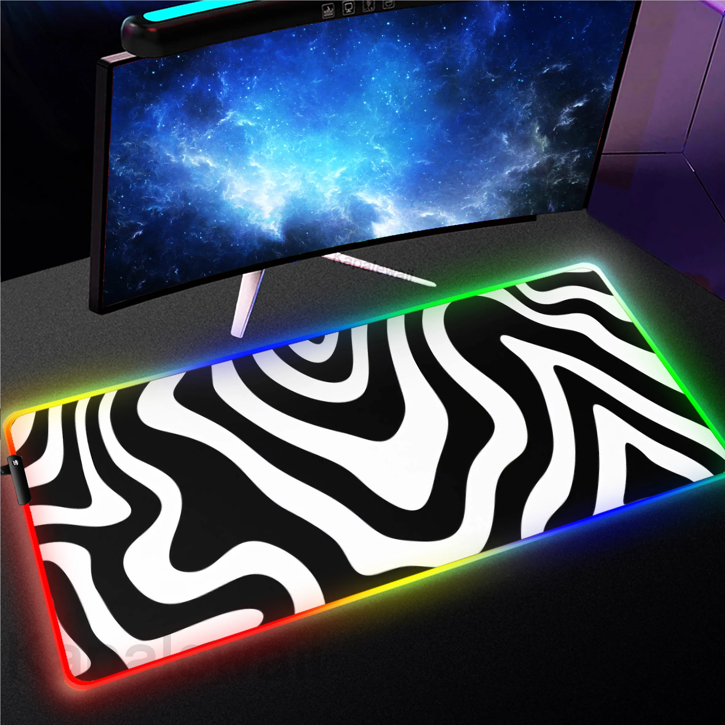 

90x40cm RGB LED Black And White Line Large Gaming Mousepad Gamer Speed Keyboard Pads Laptop Carpet Large Mouse Pad For Gamer Rug