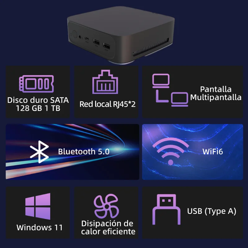 HUGEROCK-Mini PC MN19 para Gaming, Intel N100, 4 núcleos, CPU, Windows 11, WiFi 6, DDR5, 4GB x 2 RAM, 512GB SSD