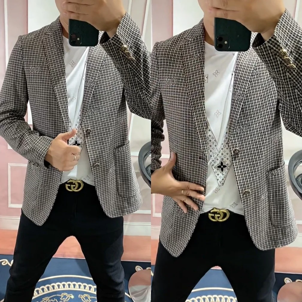 

Casual Sli Men's Single-Breasted Suit Jaet Trendy Spring Faion Urban Sle Long Sve Busin Casual Flat Collar