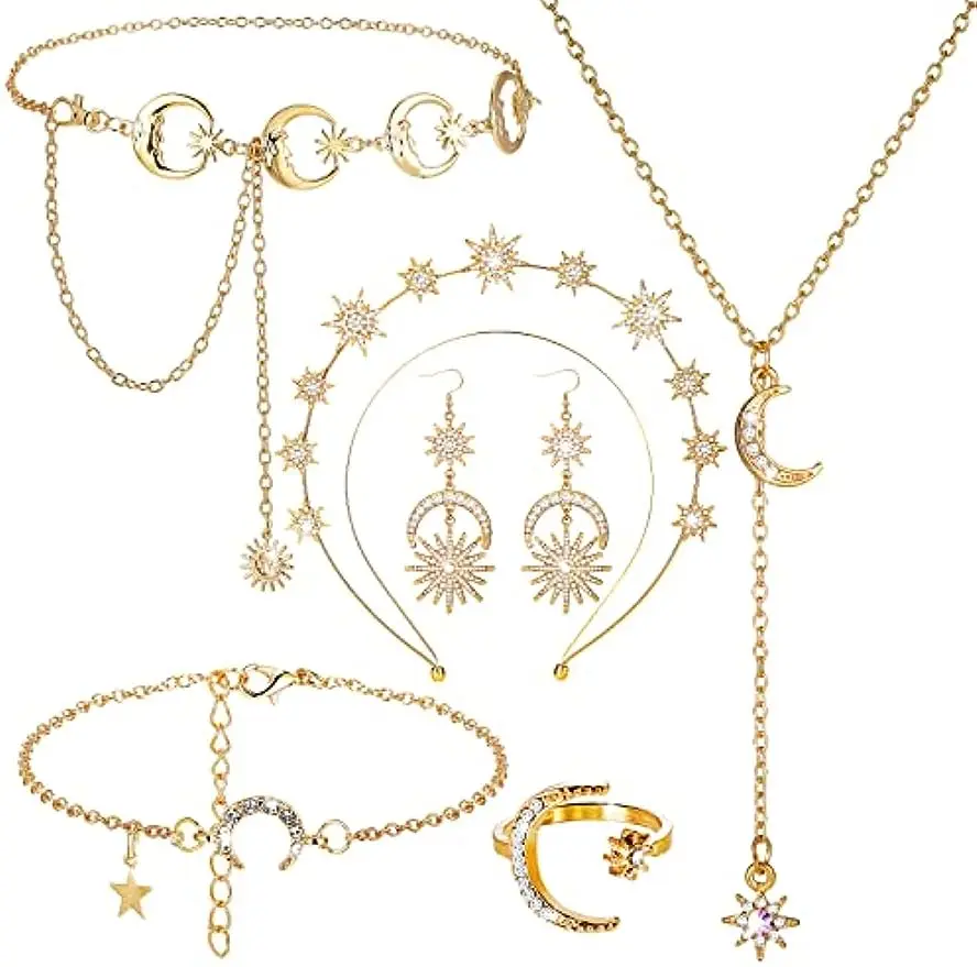 Glenmal 6 Pcs Star Halo Crown Moon Star Headband Necklace Belt Drop Earrings Bracelet Ring Set for Women Boho Bridal Wedding