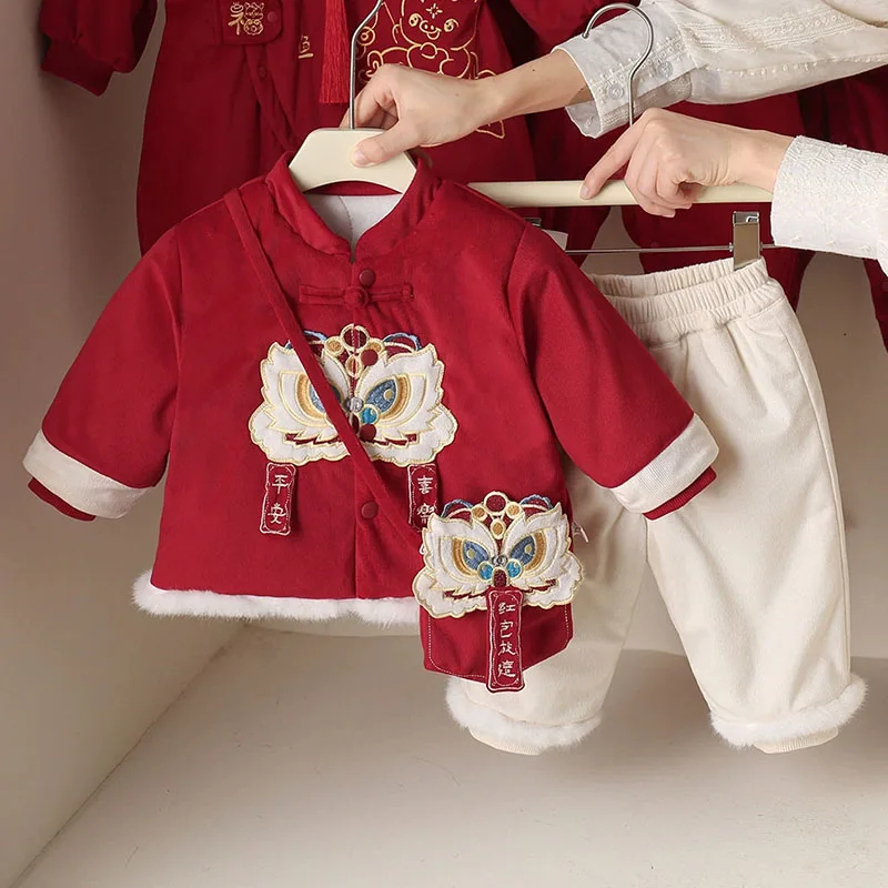 

Комплект из 3 предметов: зимняя одежда для новорожденных девочек в китайском стиле, новогодний мультяшный милый красный теплый толстый комплект для малышей (топы+брюки) B370