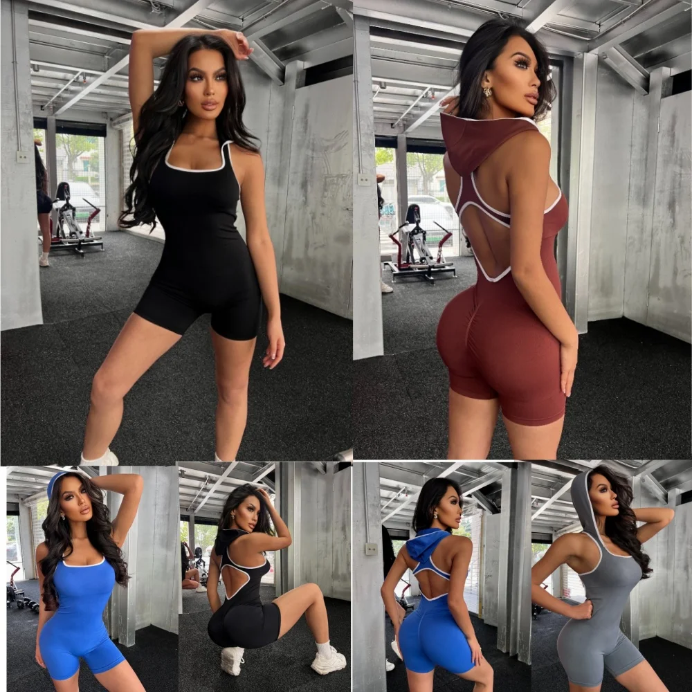 Women's seamless yoga jumpsuits beautiful back, hood, fitness clothing training sportswear