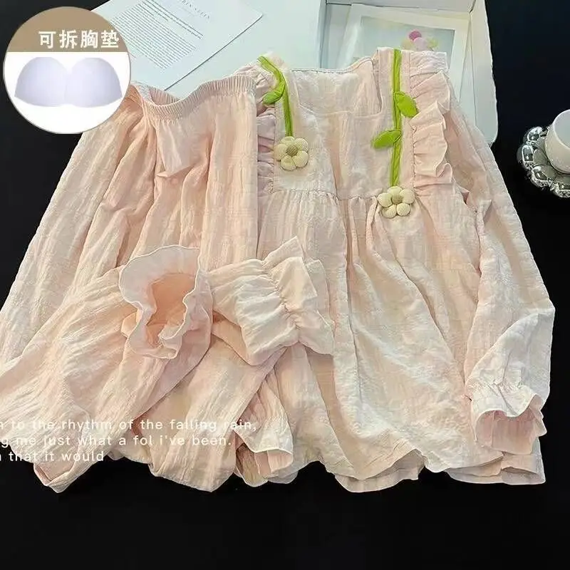 Women's 2-Piece Solid Color Autumn Pajama Set Long Sleeve Comfortable Floral Lined Loungewear Cute Sweet Sleepwear