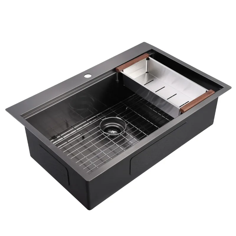 

Luxury Single Bowl Gunmetal Black 304 Stainless Steel Topmount Handmade Kitchen Sink With Drainboard