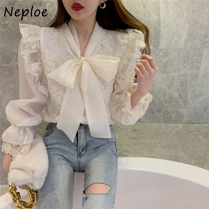 Neploe Elegant Lace Hook Flower Solid Blouse Women Bow Design Work Style Ol Solid Blusas Spring 2024 New All Match Shirt Femme