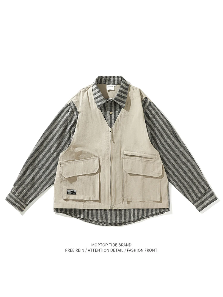 

Retro Patchwork Work irt Jaet Men's Women's Simple College Sle Outerwear Anti-Static Treaent Loose Fit Long Sve