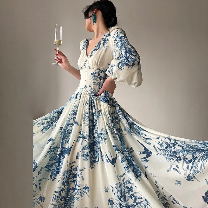 French Vintage Dress Women 2024 Spring V Neck Beaded Empire Chiffon Long Dress Autumn Printed Lantern Sleeve Hem Boho Maxi Dress