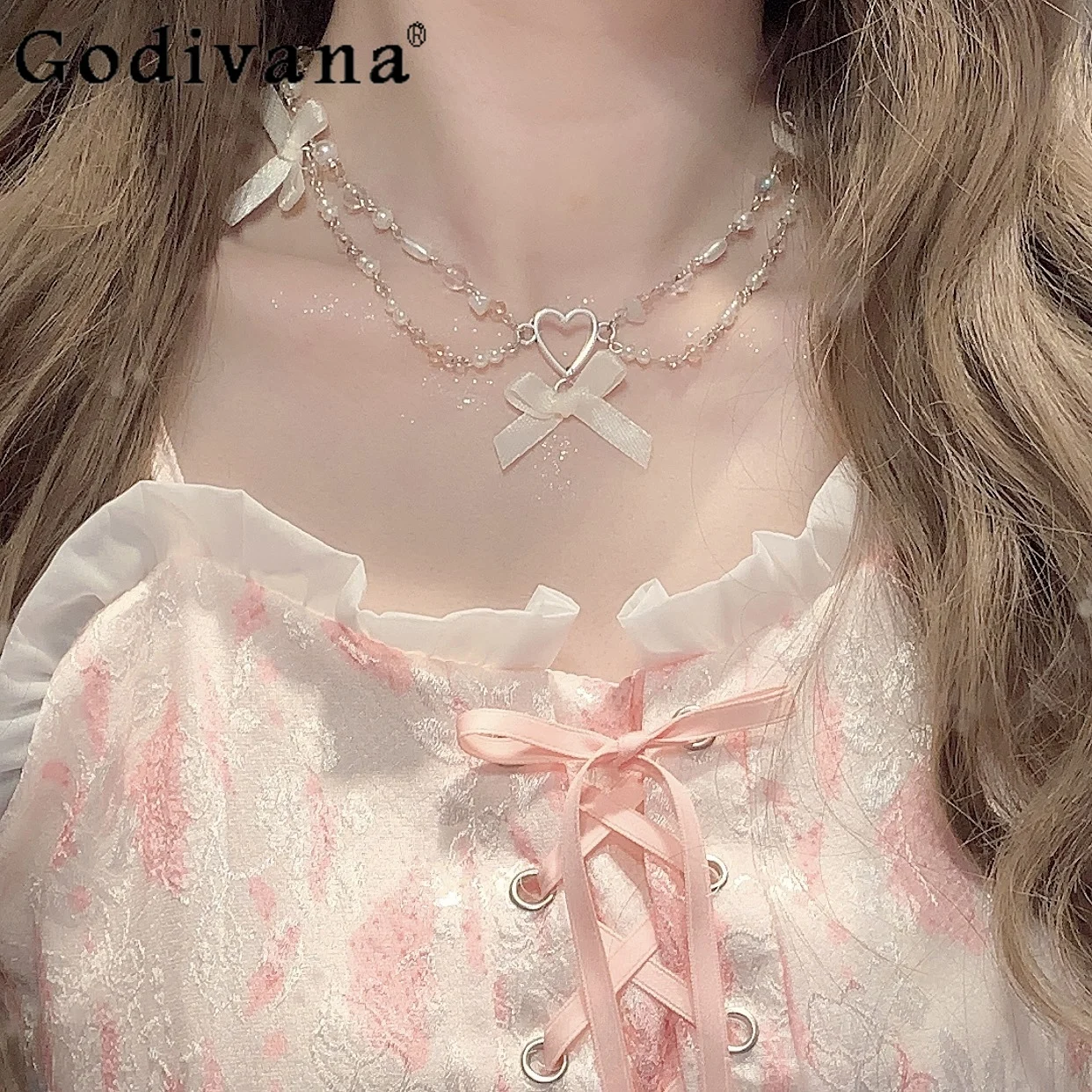 Girly Sweet Cute Bow Pearl Heart Necklace 2024 Summer New Fashion Japanese Handmade Elegant  All-Match Clavicle Chain for Women