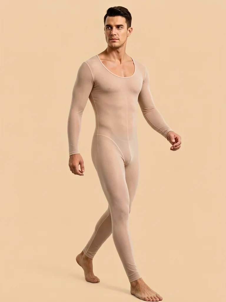 Men Plus Size Bodysuit Thin Sheer Ice Silk Jumpsuit High Elastic Yoga Shaping Bodysuit Tights Bodystocking Leggings Home Wear