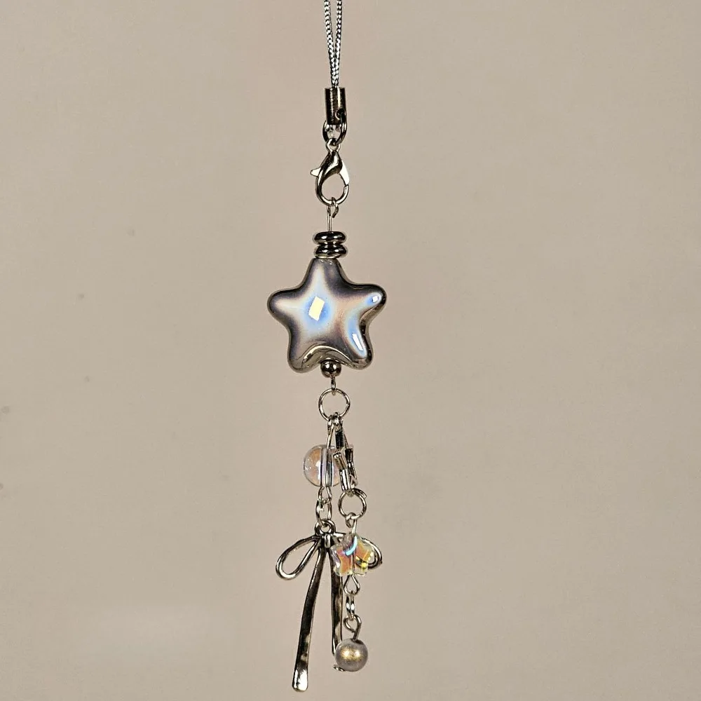

1pc Cellphone Lanyard Keychain For Phone Style Metal Silver Star Bow Pendant Phone Charm Strap Sweet Cool Girl Pendant