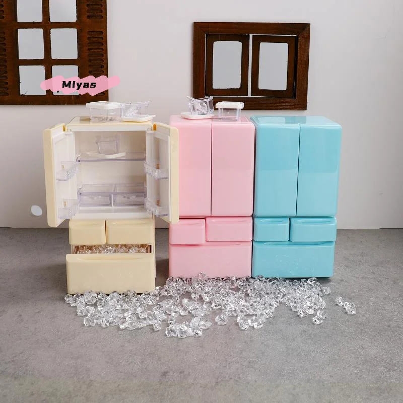 مجموعة مشهد المطبخ المصغرة للعب الطعام بمقياس 1/12، نموذج أثاث بيت الدمى، ثلاجة صغيرة كرتونية لألعاب بيت اللعب