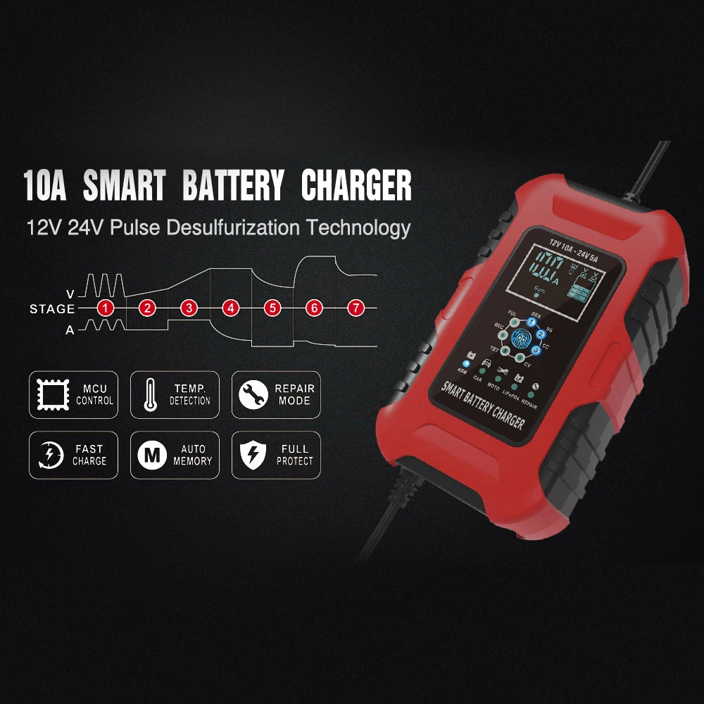 7-Stage12V10A IntelligentCar Motorcycle Battery Charger Digital LCD Display Pulse Repair Battery Charger for Lead Acid LiFePo4