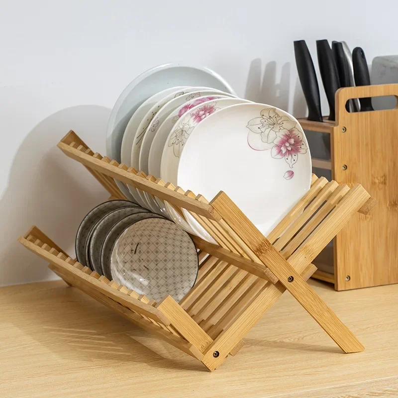 

2-Tier Bamboo Dish Drying Rack Utensil Holder Collapsible Wooden Dish Drainer Rack Folding Drying Holder for Kitchen Counter