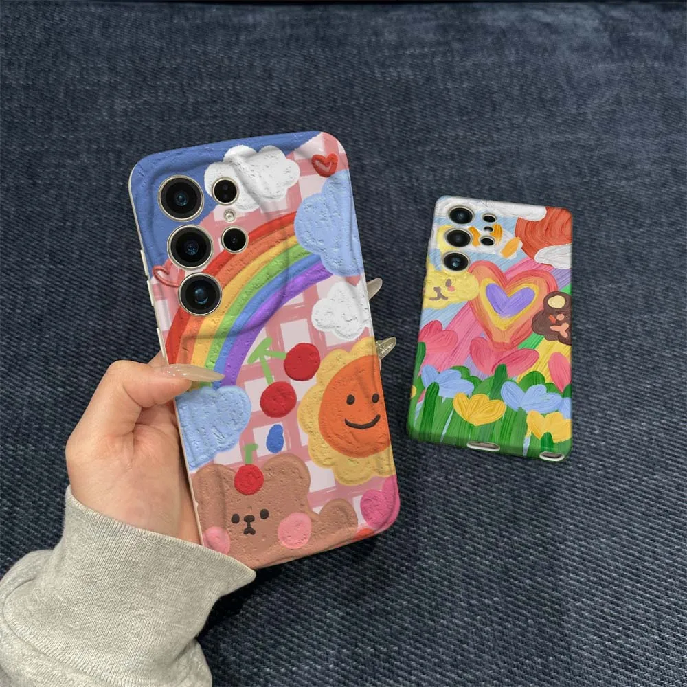 

Cartoon Heart Flower Cloud Phone Case For Samsung Galaxy S21 S23 S24 S25 FE Lite Plus Ultra 5G Wave Oil Film