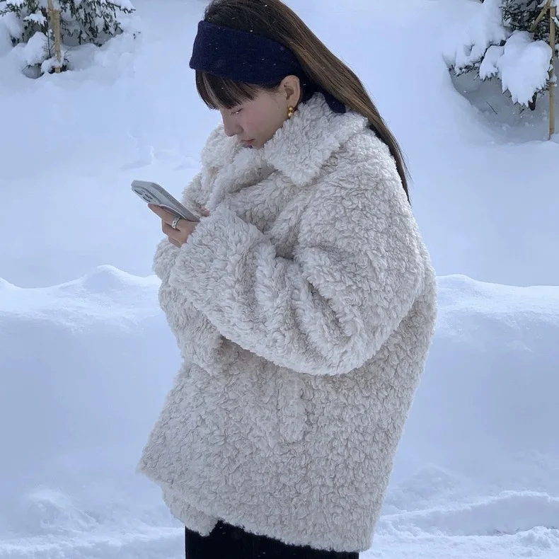 

Leobe Pure Color Lamb Fur Jaet Теннее теплое пальто средней длины Корейская свободная женская верхняя одежда с воротником-стойкой