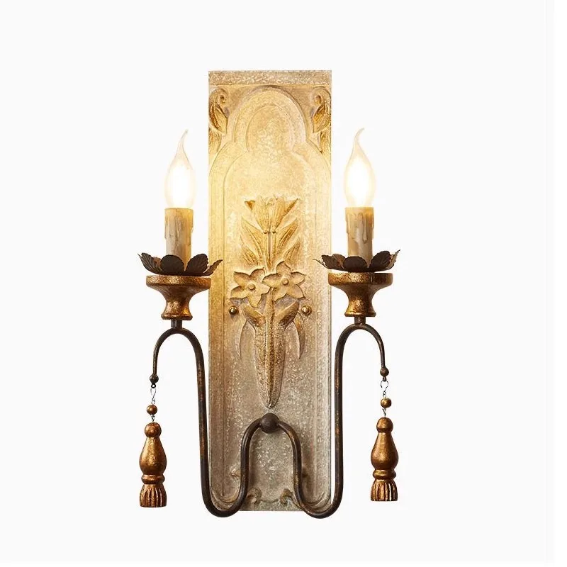 

American double-headed bedroom bedside lamp retro wood art living room corridor entrance art wall lamp