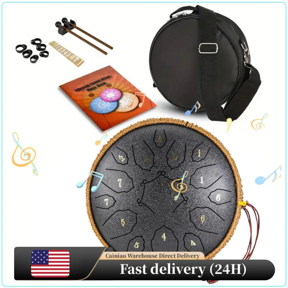 

12-дюймовый стальной язычковый барабан с сумкой и палочками для игры, 15 нот, для йоги, медитации, звукотерапии, D-мажор, большой эфирный барабан