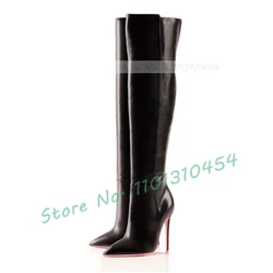 Pointy Cutout Pink Sole Long Boots Women Fashion Winter Patent Leather Leggy High Heels Boots Ladies Casual Sexy Chic Shoes