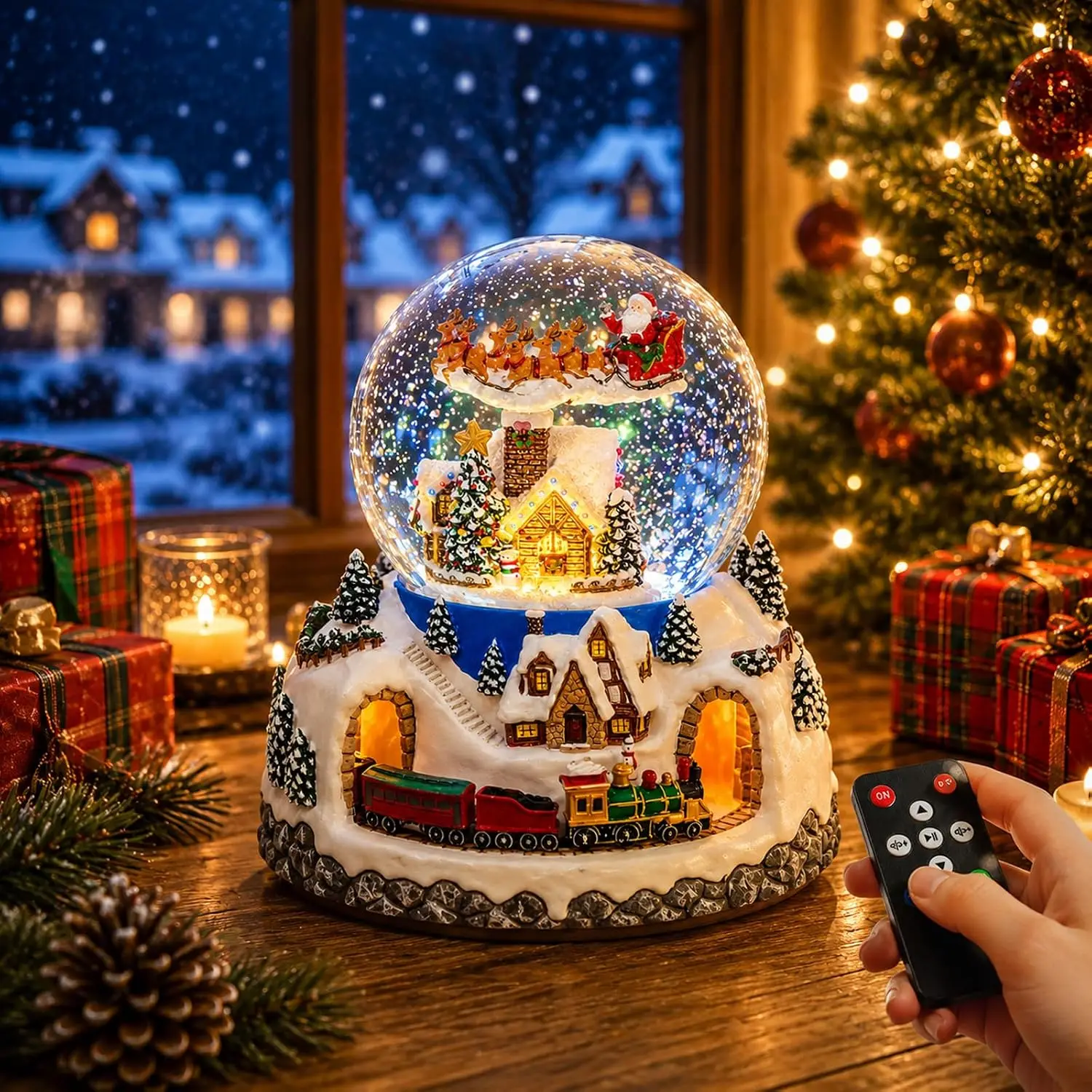 Christmas Musical Snow Globe Music Box with Rotating Santa Claus Flying Over a Village, Automatic Snowfall, and 48 Carol Melodies