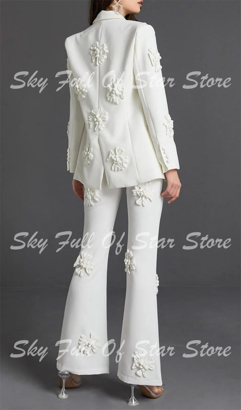 White 3D Floral Women Suit 2 Pcs Double Breasted Blazer+Flare Pants Custom Formal Wedding Bride Evening Party Office Lady Coat view 4