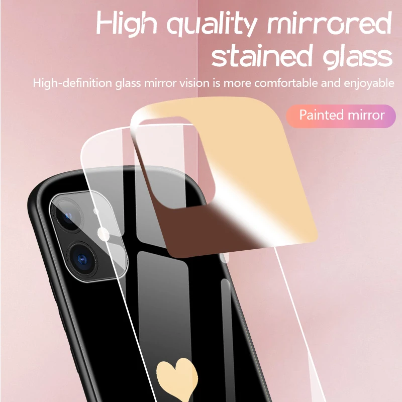 Luxury Cute Oval Heart-shaped Tempered Glass Phone Case For iPhone 16 15Pro 14 13 12 11 Pro Max XS XR X SE 8 7 Plus Mirror Cover