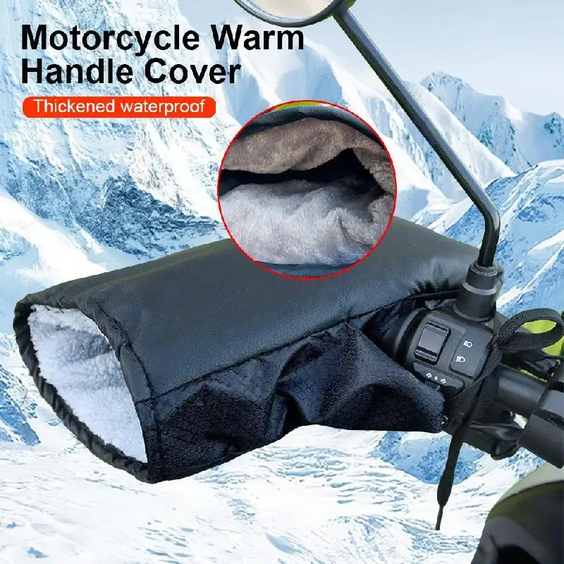 1 Pair Of Motorcycle Handle Mittens Plush Lined Waterproof PU Glove Hands Warm In Winter For Scooters And Snowmobiles