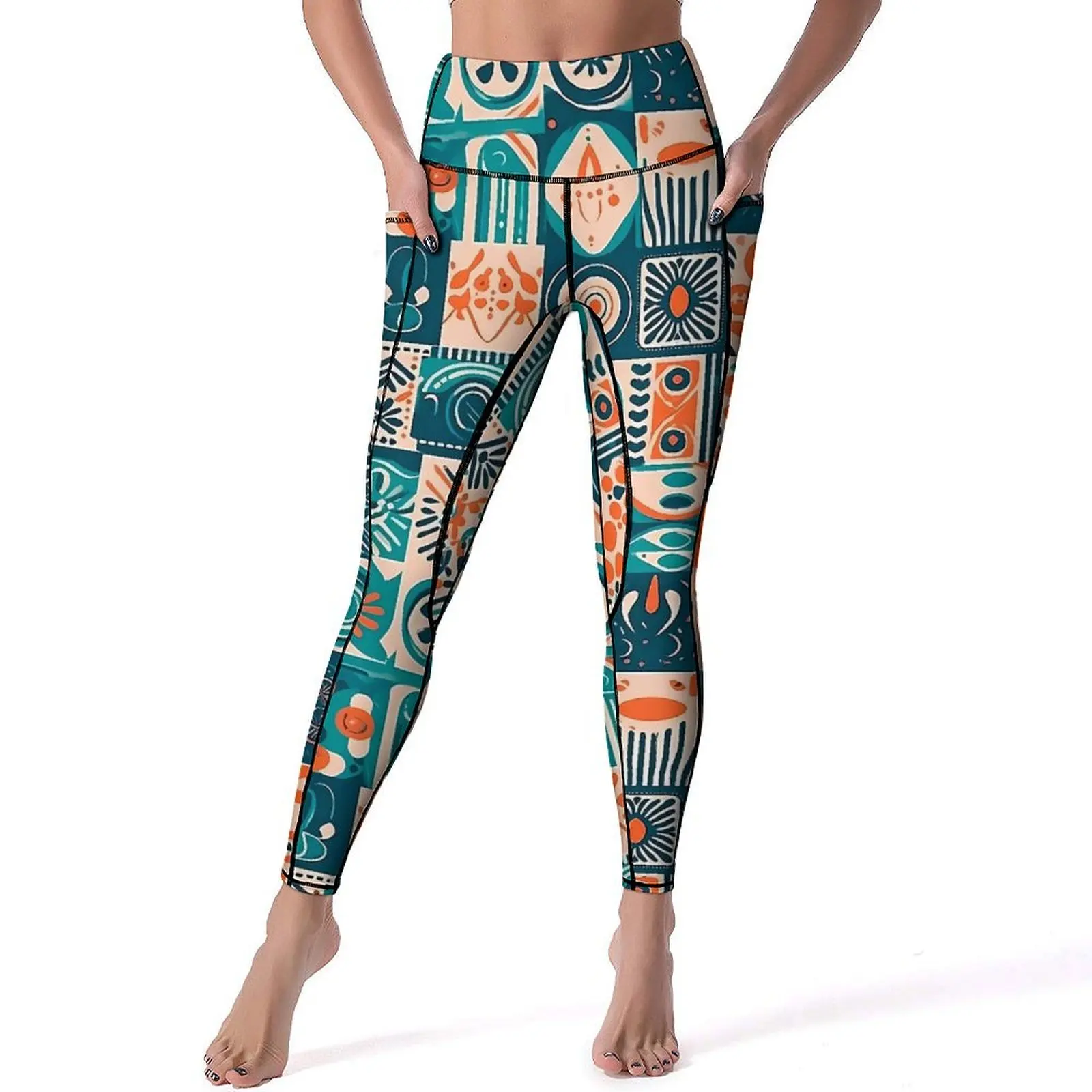 

Ethnic Tribal Icon Leggings Sexy Patchwrok Print Gym Yoga Pants High Waist Stretchy Sport Legging Pockets Novelty Custom Leggins