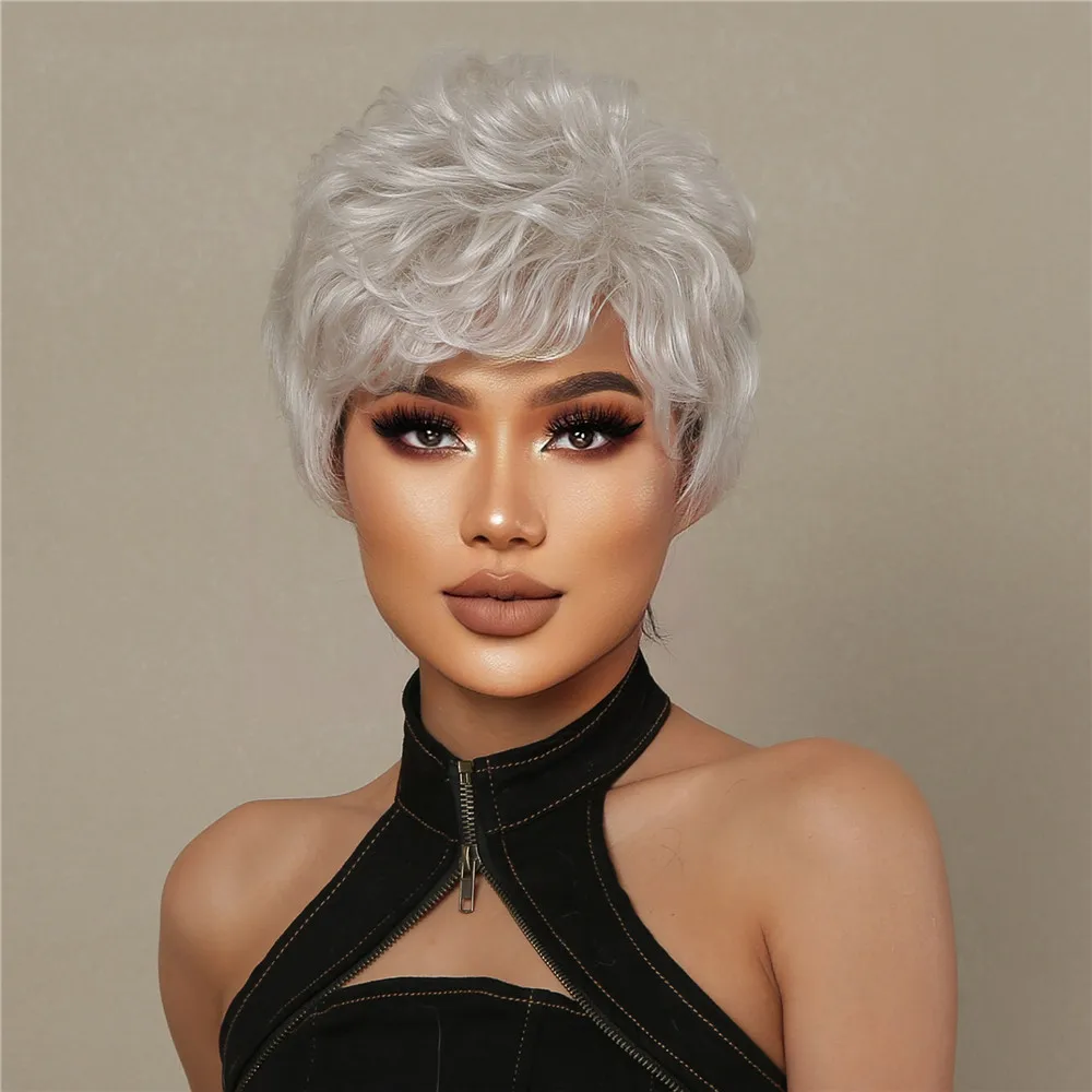 Natural Silver Fluffy Layered Pixie Cut Wig Human Hair Blend Synthetic Wig Short Blonde Wavy Bang Heat Resistant Daily Wig Women