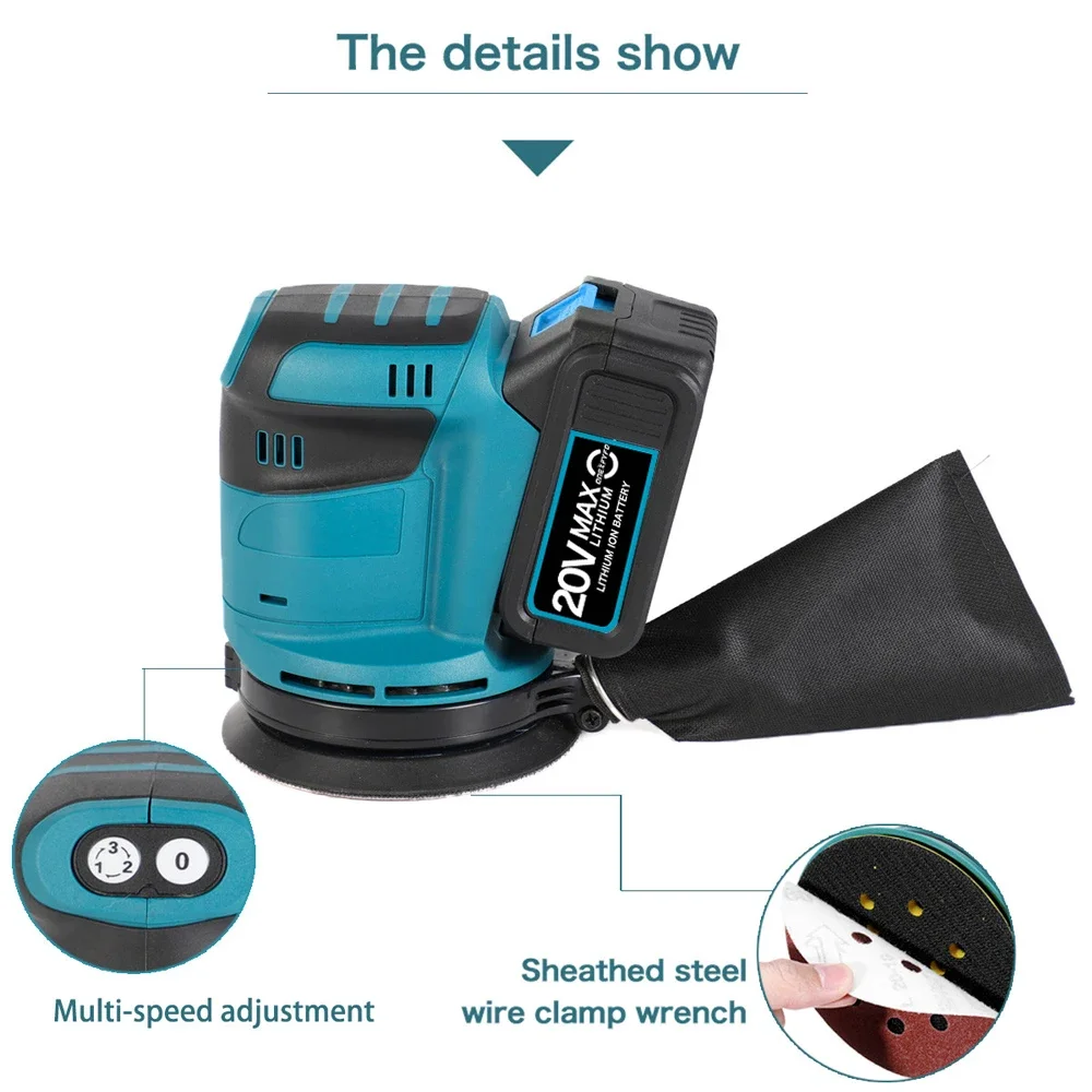 3 Speed Cordless Random Orbital Sander Wood Grinder Polishing Electric Grinding With Sandpaper For Makita 18V Battery